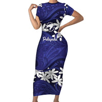Personalised Cook Islands Pukapuka Short Sleeve Bodycon Dress Tiare Maori Polynesian Waves Tattoo LT14 Long Dress Blue - Polynesian Pride