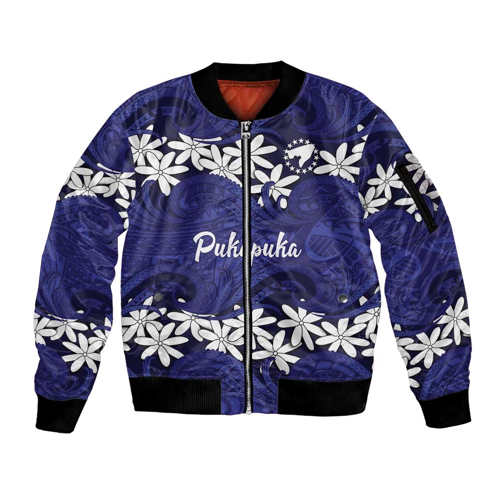 Personalised Cook Islands Pukapuka Sleeve Zip Bomber Jacket Tiare Maori Polynesian Waves Tattoo LT14 Unisex Blue - Polynesian Pride