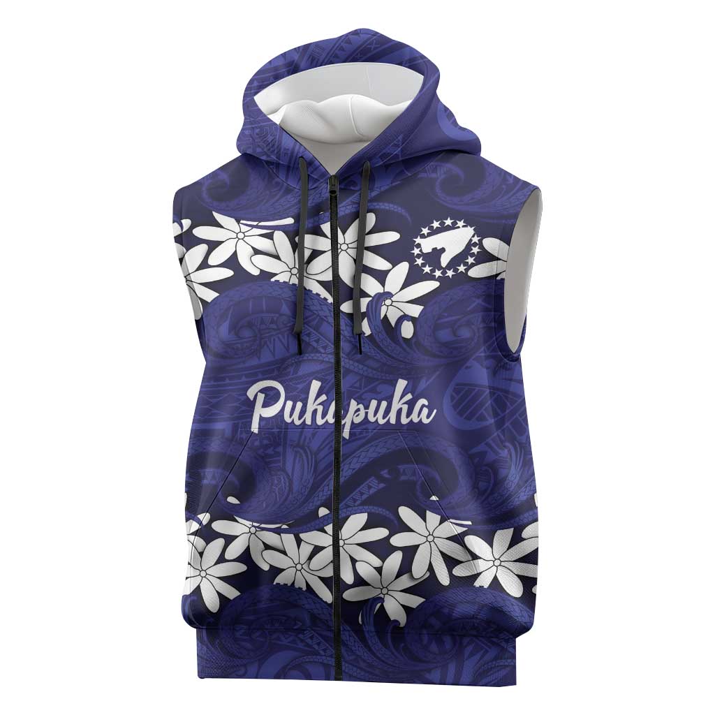 Personalised Cook Islands Pukapuka Sleeveless Zip Hoodie Tiare Maori Polynesian Waves Tattoo LT14 Blue - Polynesian Pride