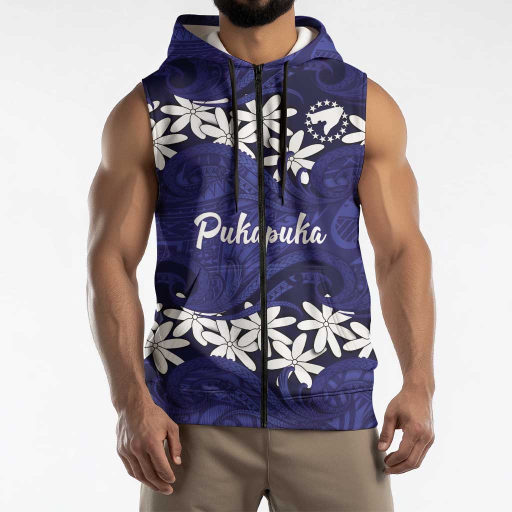Personalised Cook Islands Pukapuka Sleeveless Zip Hoodie Tiare Maori Polynesian Waves Tattoo LT14 - Polynesian Pride