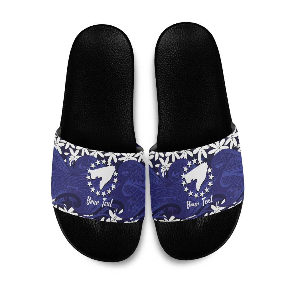 Personalised Cook Islands Pukapuka Slide Sandals Tiare Maori Polynesian Waves Tattoo LT14 Blue - Polynesian Pride