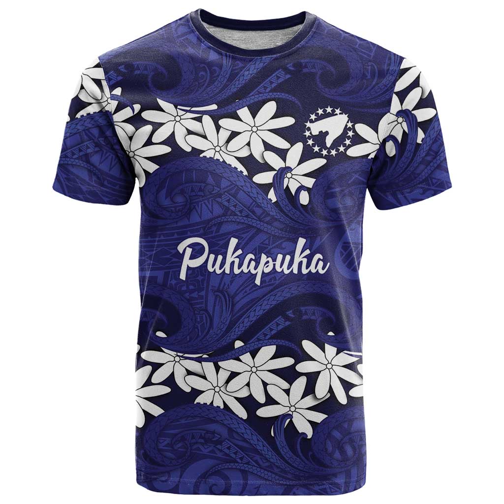 Personalised Cook Islands Pukapuka T Shirt Tiare Maori Polynesian Waves Tattoo LT14 Blue - Polynesian Pride