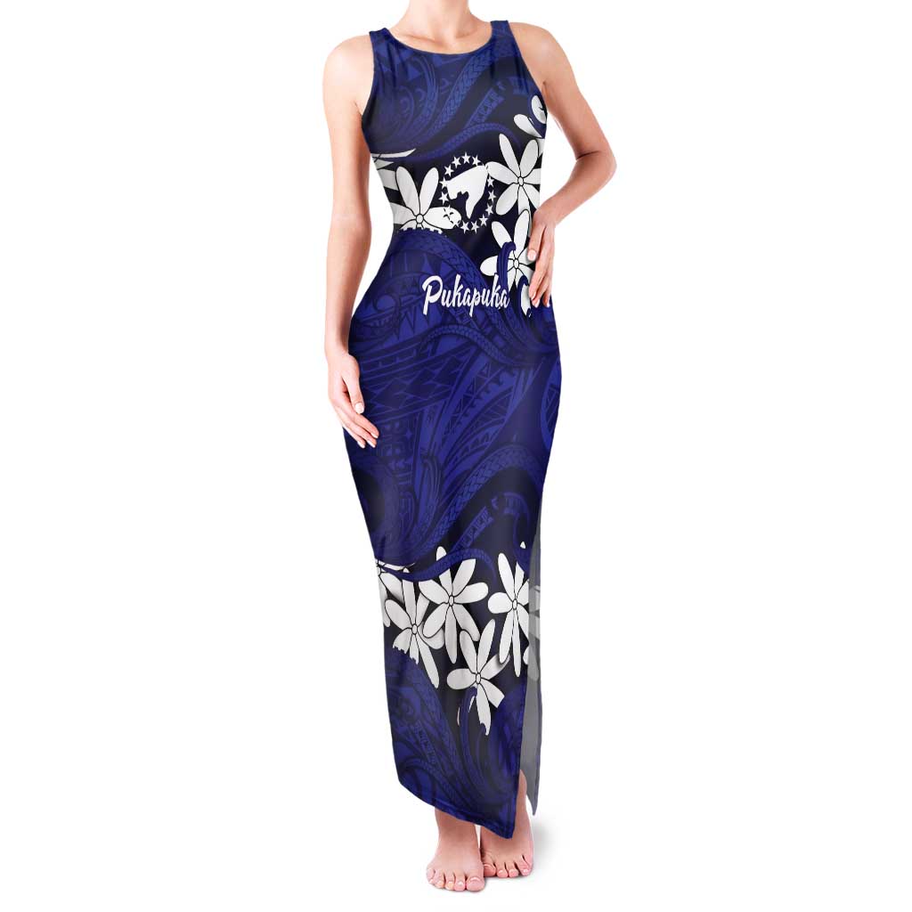 Personalised Cook Islands Pukapuka Tank Maxi Dress Tiare Maori Polynesian Waves Tattoo LT14 Women Blue - Polynesian Pride