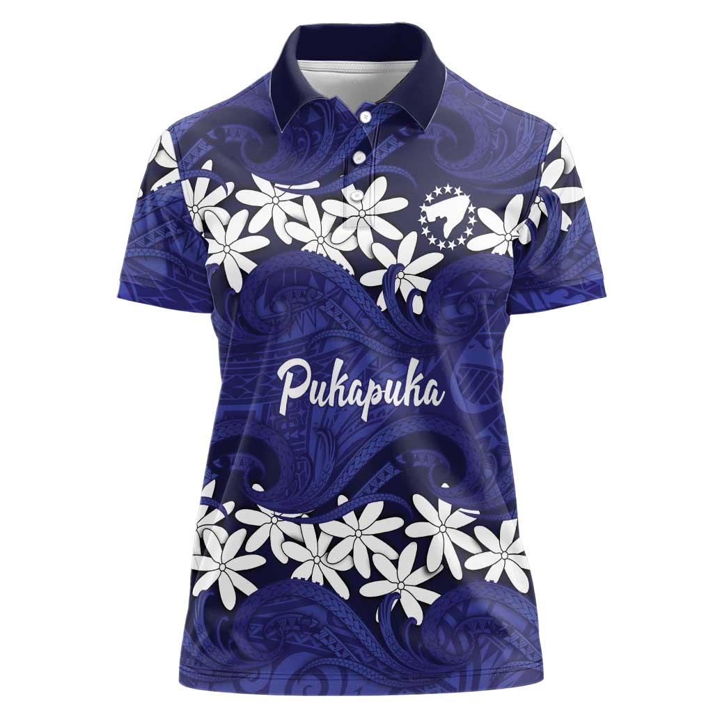 Personalised Cook Islands Pukapuka Women Polo Shirt Tiare Maori Polynesian Waves Tattoo LT14 Female Blue - Polynesian Pride