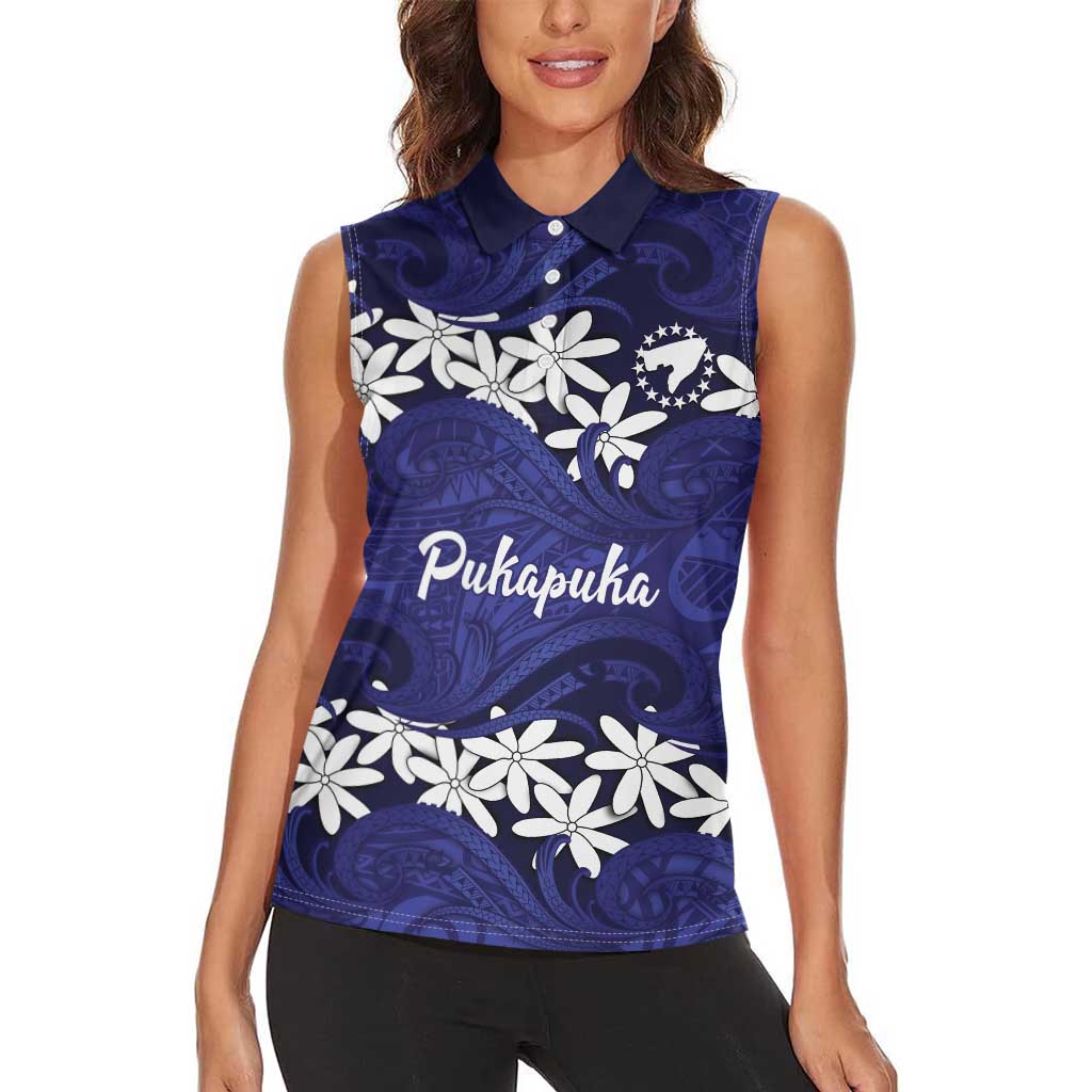 Personalised Cook Islands Pukapuka Women Sleeveless Polo Shirt Tiare Maori Polynesian Waves Tattoo