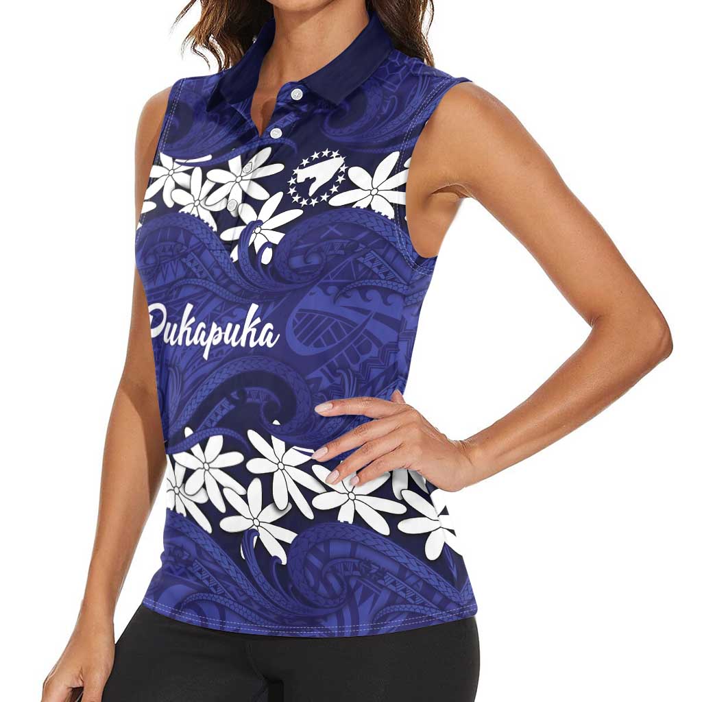Personalised Cook Islands Pukapuka Women Sleeveless Polo Shirt Tiare Maori Polynesian Waves Tattoo