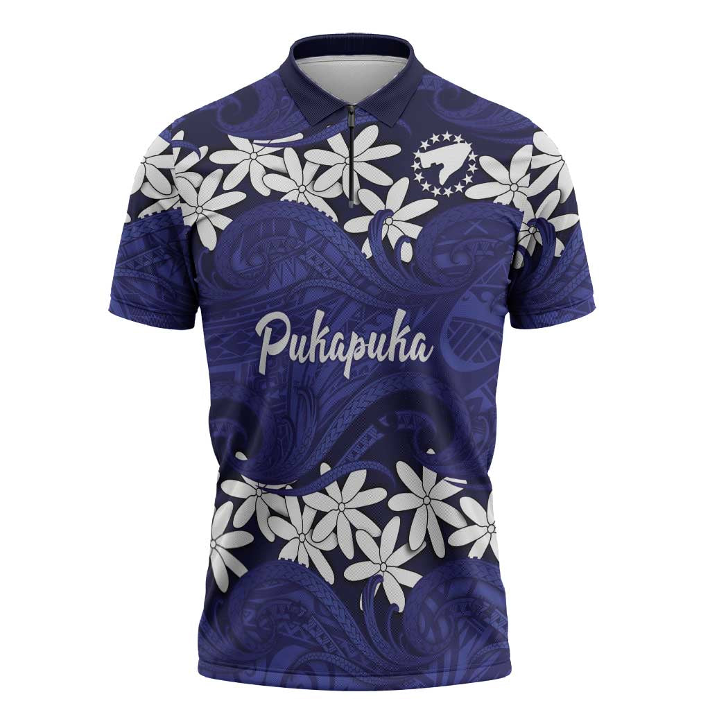 Personalised Cook Islands Pukapuka Zipper Polo Shirt Tiare Maori Polynesian Waves Tattoo LT14 Blue - Polynesian Pride