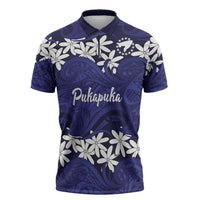 Personalised Cook Islands Pukapuka Zipper Polo Shirt Tiare Maori Polynesian Waves Tattoo LT14 Blue - Polynesian Pride