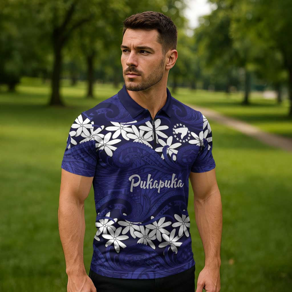 Personalised Cook Islands Pukapuka Zipper Polo Shirt Tiare Maori Polynesian Waves Tattoo LT14 - Polynesian Pride