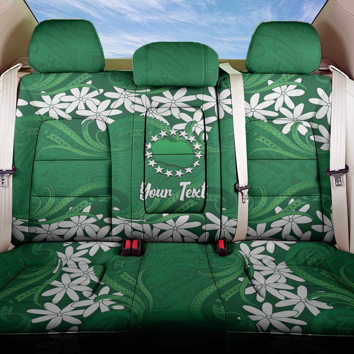 Personalised Cook Islands Rarotonga Back Car Seat Cover Tiare Maori Polynesian Waves Tattoo LT14 One Size Green - Polynesian Pride
