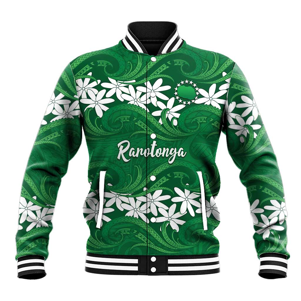 Personalised Cook Islands Rarotonga Baseball Jacket Tiare Maori Polynesian Waves Tattoo LT14 Unisex Green - Polynesian Pride