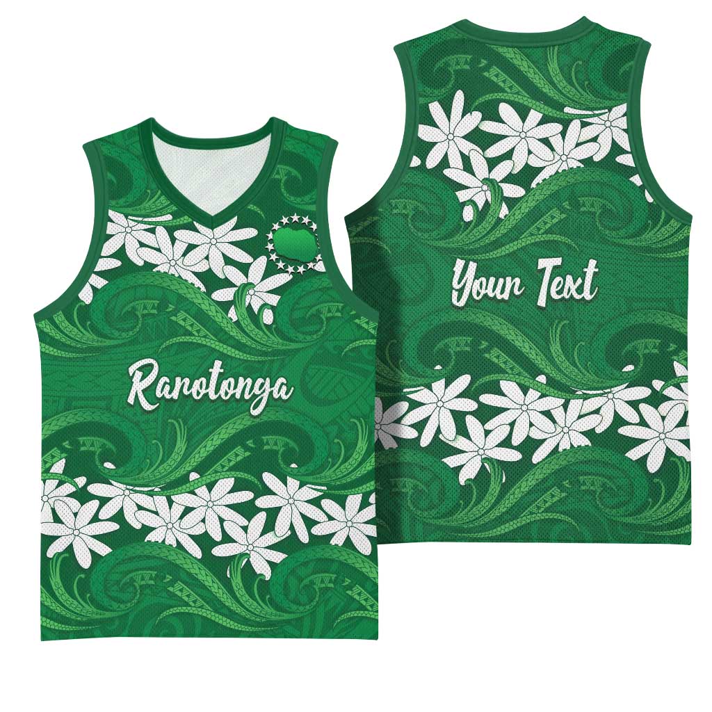 Personalised Cook Islands Rarotonga Basketball Jersey Tiare Maori Polynesian Waves Tattoo LT14 - Polynesian Pride