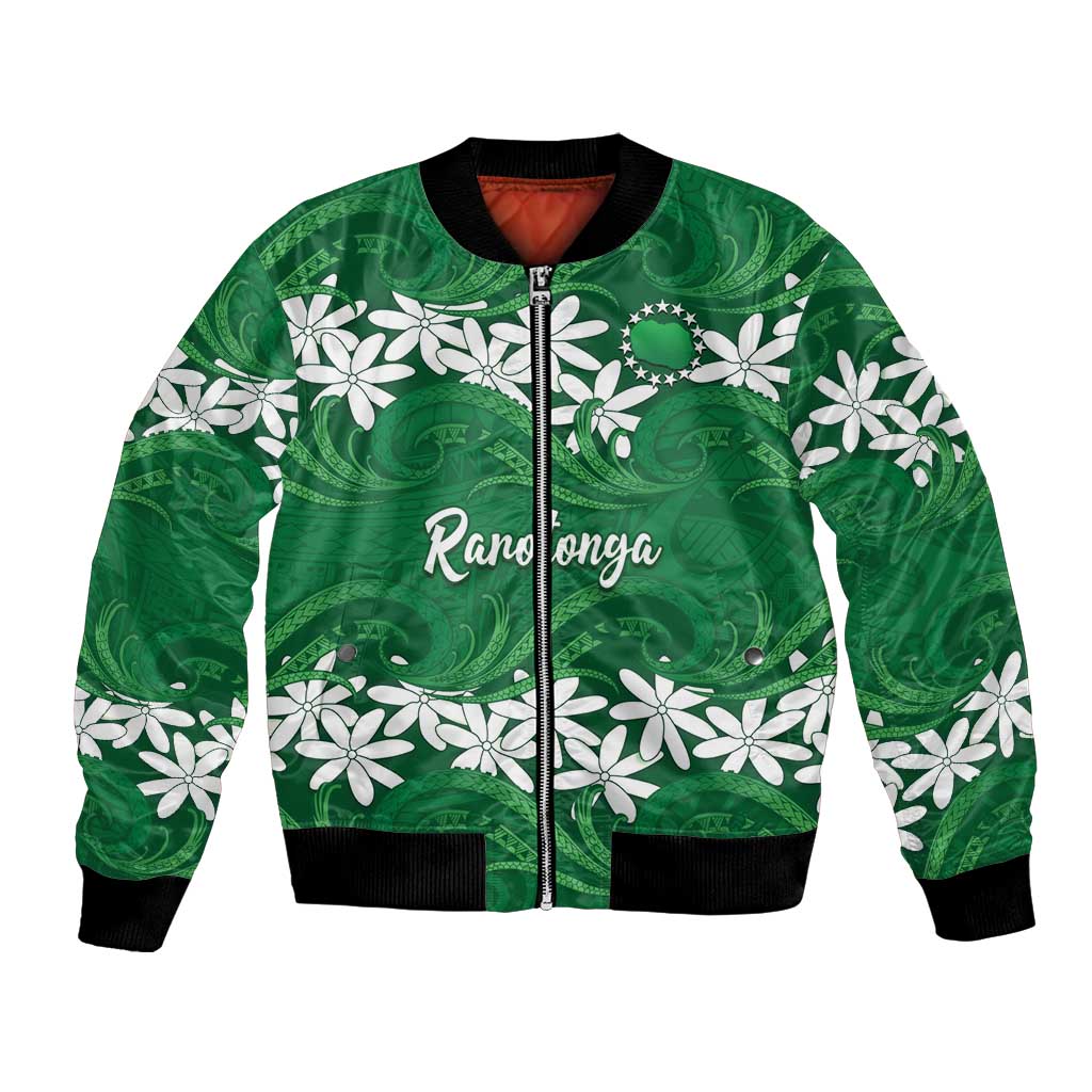 Personalised Cook Islands Rarotonga Bomber Jacket Tiare Maori Polynesian Waves Tattoo LT14 Unisex Green - Polynesian Pride