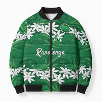 Personalised Cook Islands Rarotonga Bomber Puffer Jacket Tiare Maori Polynesian Waves Tattoo LT14 Unisex Green - Polynesian Pride