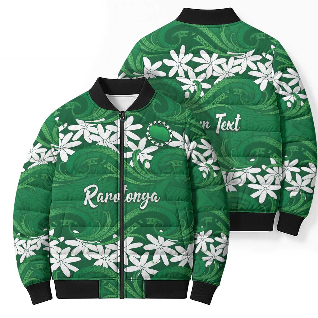 Personalised Cook Islands Rarotonga Bomber Puffer Jacket Tiare Maori Polynesian Waves Tattoo LT14 - Polynesian Pride