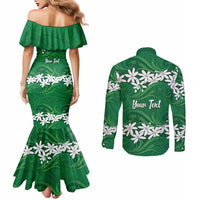 Personalised Cook Islands Rarotonga Couples Matching Mermaid Dress and Long Sleeve Button Shirt Tiare Maori Polynesian Waves Tattoo