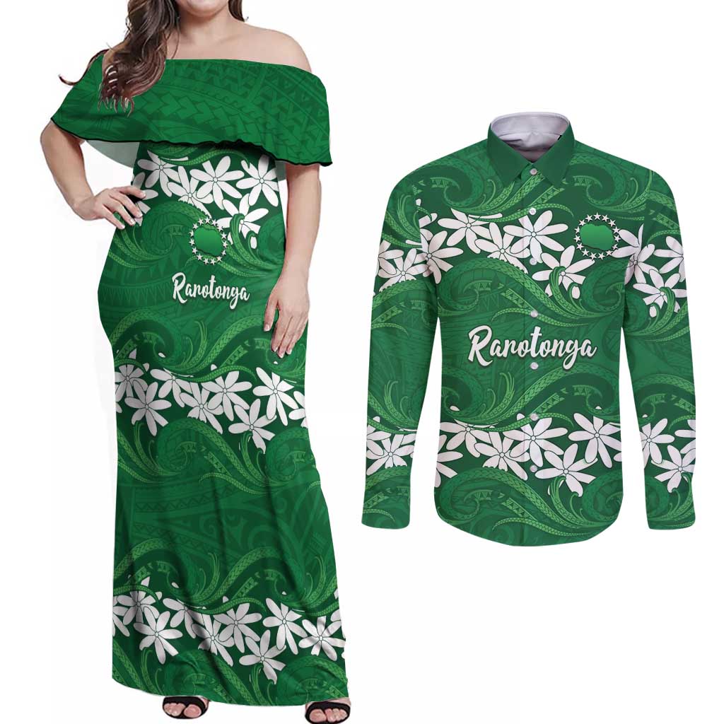 Personalised Cook Islands Rarotonga Couples Matching Off Shoulder Maxi Dress and Long Sleeve Button Shirt Tiare Maori Polynesian Waves Tattoo LT14 Green - Polynesian Pride