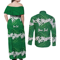 Personalised Cook Islands Rarotonga Couples Matching Off Shoulder Maxi Dress and Long Sleeve Button Shirt Tiare Maori Polynesian Waves Tattoo