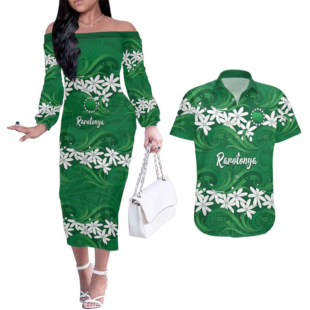 Personalised Cook Islands Rarotonga Couples Matching Off The Shoulder Long Sleeve Dress and Hawaiian Shirt Tiare Maori Polynesian Waves Tattoo LT14 Green - Polynesian Pride