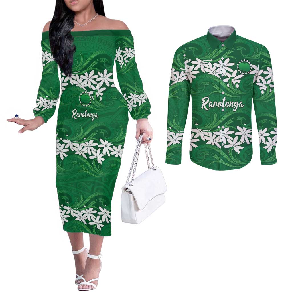 Personalised Cook Islands Rarotonga Couples Matching Off The Shoulder Long Sleeve Dress and Long Sleeve Button Shirt Tiare Maori Polynesian Waves Tattoo LT14 Green - Polynesian Pride
