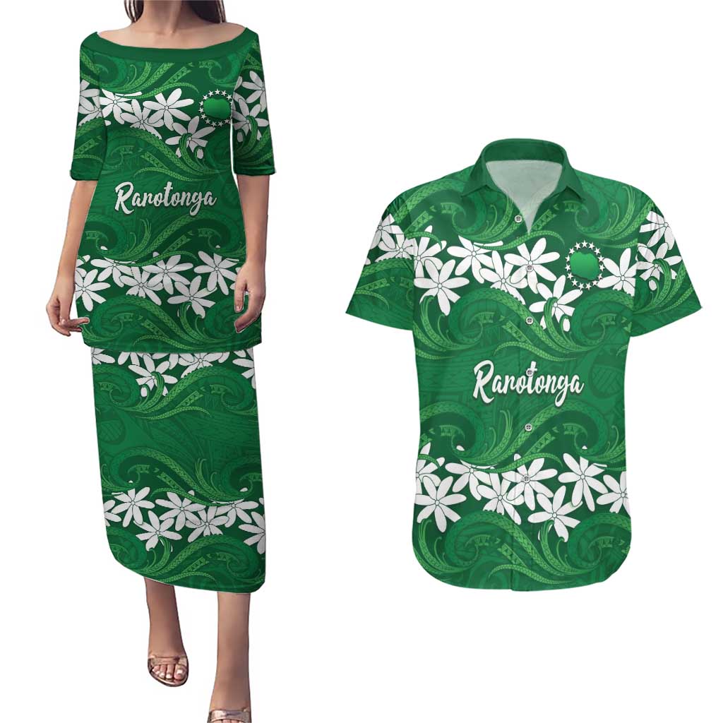 Personalised Cook Islands Rarotonga Couples Matching Puletasi and Hawaiian Shirt Tiare Maori Polynesian Waves Tattoo LT14 Green - Polynesian Pride