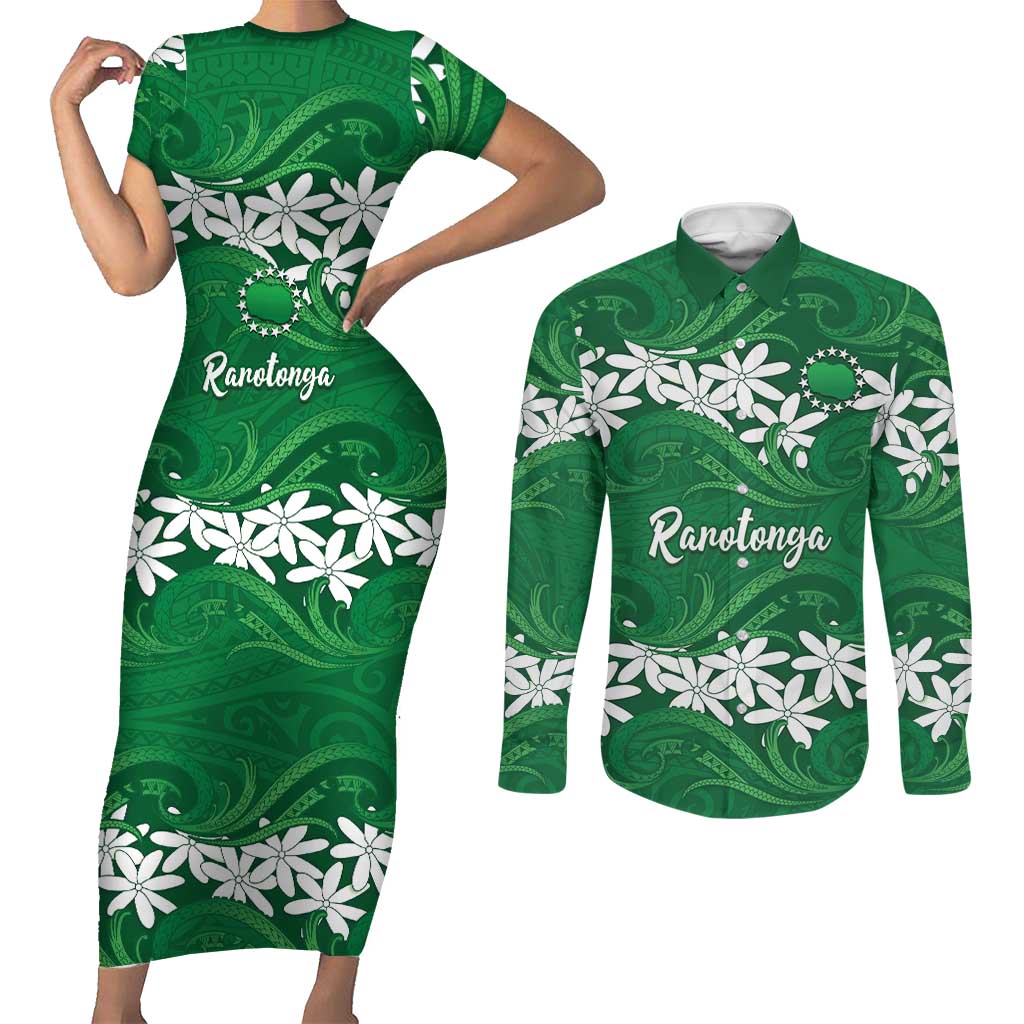 Personalised Cook Islands Rarotonga Couples Matching Short Sleeve Bodycon Dress and Long Sleeve Button Shirt Tiare Maori Polynesian Waves Tattoo LT14 Green - Polynesian Pride