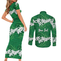 Personalised Cook Islands Rarotonga Couples Matching Short Sleeve Bodycon Dress and Long Sleeve Button Shirt Tiare Maori Polynesian Waves Tattoo