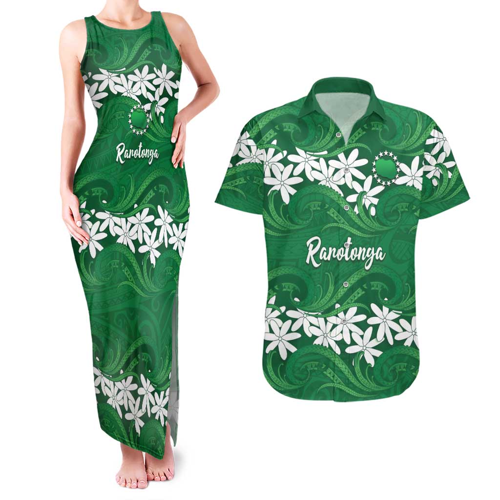 Personalised Cook Islands Rarotonga Couples Matching Tank Maxi Dress and Hawaiian Shirt Tiare Maori Polynesian Waves Tattoo LT14 Green - Polynesian Pride