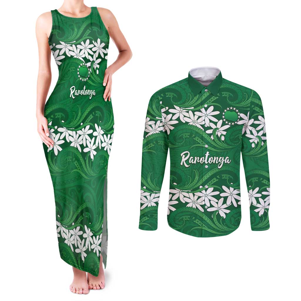 Personalised Cook Islands Rarotonga Couples Matching Tank Maxi Dress and Long Sleeve Button Shirt Tiare Maori Polynesian Waves Tattoo LT14 Green - Polynesian Pride