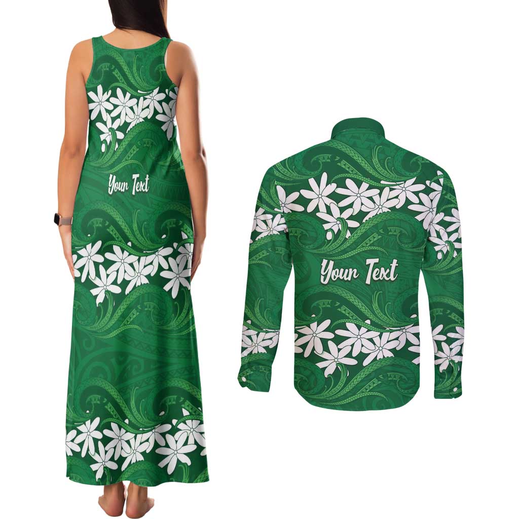 Personalised Cook Islands Rarotonga Couples Matching Tank Maxi Dress and Long Sleeve Button Shirt Tiare Maori Polynesian Waves Tattoo