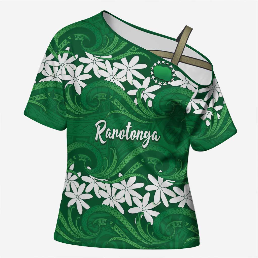 Personalised Cook Islands Rarotonga Cross Shoulder Shirt Tiare Maori Polynesian Waves Tattoo LT14 Female Green - Polynesian Pride
