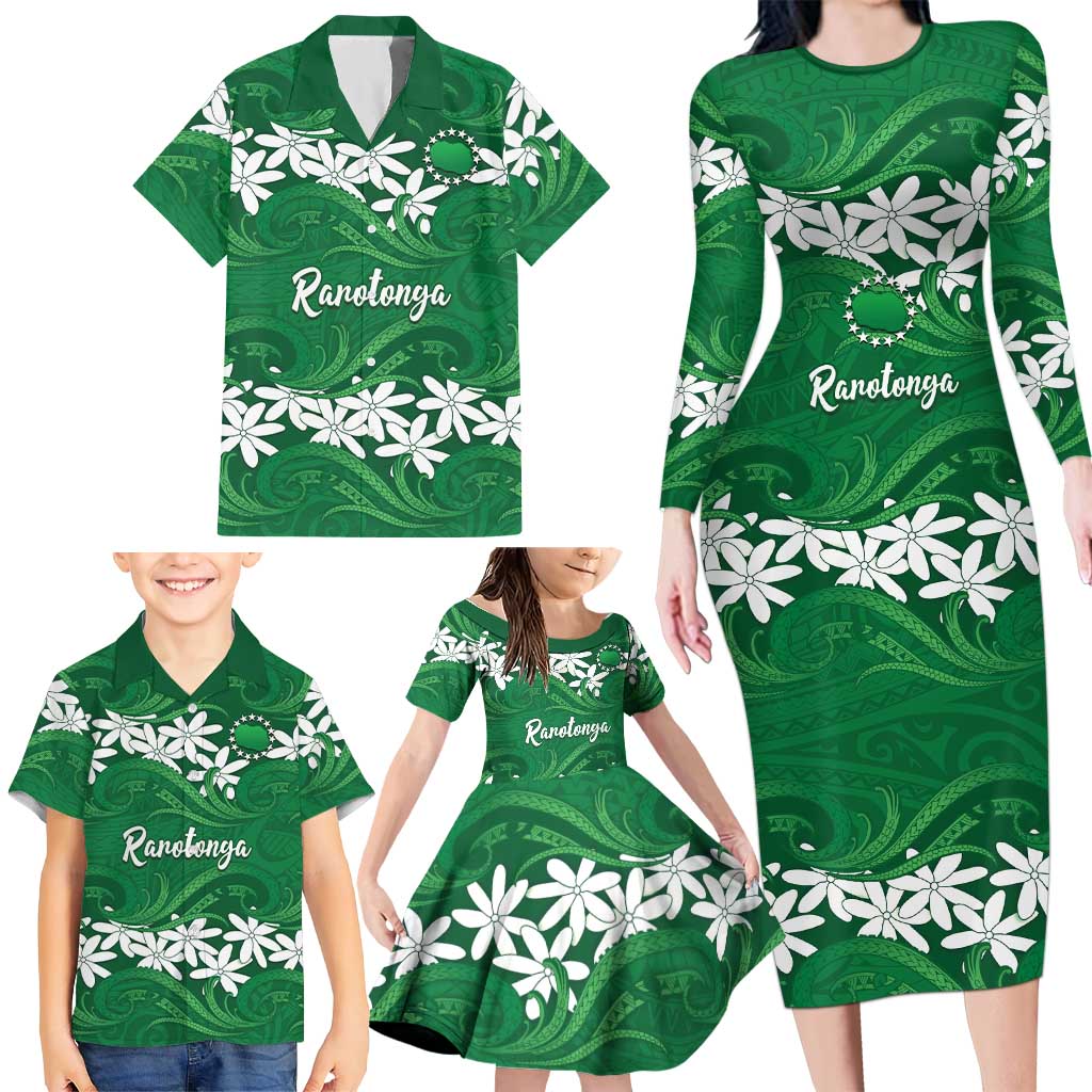Personalised Cook Islands Rarotonga Family Matching Long Sleeve Bodycon Dress and Hawaiian Shirt Tiare Maori Polynesian Waves Tattoo LT14 - Polynesian Pride