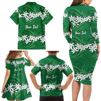 Personalised Cook Islands Rarotonga Family Matching Long Sleeve Bodycon Dress and Hawaiian Shirt Tiare Maori Polynesian Waves Tattoo