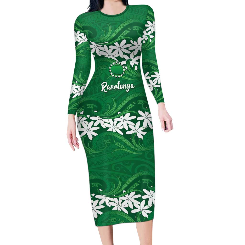 Personalised Cook Islands Rarotonga Family Matching Long Sleeve Bodycon Dress and Hawaiian Shirt Tiare Maori Polynesian Waves Tattoo