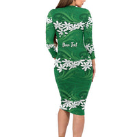 Personalised Cook Islands Rarotonga Family Matching Long Sleeve Bodycon Dress and Hawaiian Shirt Tiare Maori Polynesian Waves Tattoo
