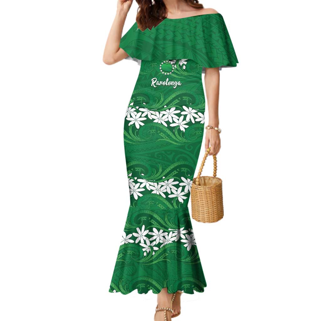 Personalised Cook Islands Rarotonga Family Matching Mermaid Dress and Hawaiian Shirt Tiare Maori Polynesian Waves Tattoo