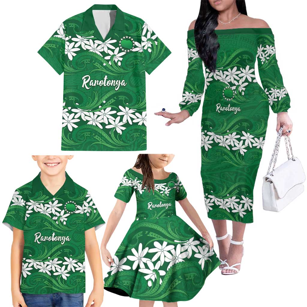 Personalised Cook Islands Rarotonga Family Matching Off The Shoulder Long Sleeve Dress and Hawaiian Shirt Tiare Maori Polynesian Waves Tattoo LT14 - Polynesian Pride
