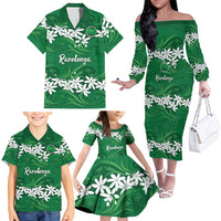 Personalised Cook Islands Rarotonga Family Matching Off The Shoulder Long Sleeve Dress and Hawaiian Shirt Tiare Maori Polynesian Waves Tattoo