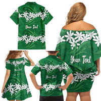 Personalised Cook Islands Rarotonga Family Matching Off Shoulder Short Dress and Hawaiian Shirt Tiare Maori Polynesian Waves Tattoo