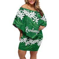 Personalised Cook Islands Rarotonga Family Matching Off Shoulder Short Dress and Hawaiian Shirt Tiare Maori Polynesian Waves Tattoo