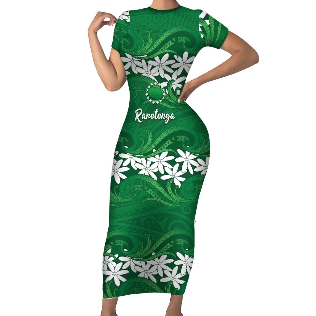 Personalised Cook Islands Rarotonga Family Matching Short Sleeve Bodycon Dress and Hawaiian Shirt Tiare Maori Polynesian Waves Tattoo