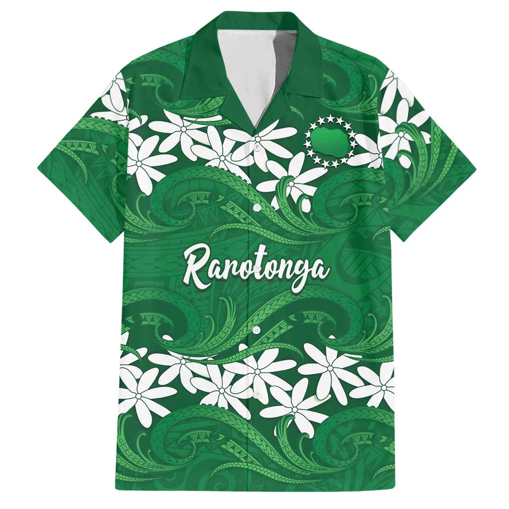 Personalised Cook Islands Rarotonga Hawaiian Shirt Tiare Maori Polynesian Waves Tattoo LT14 Green - Polynesian Pride