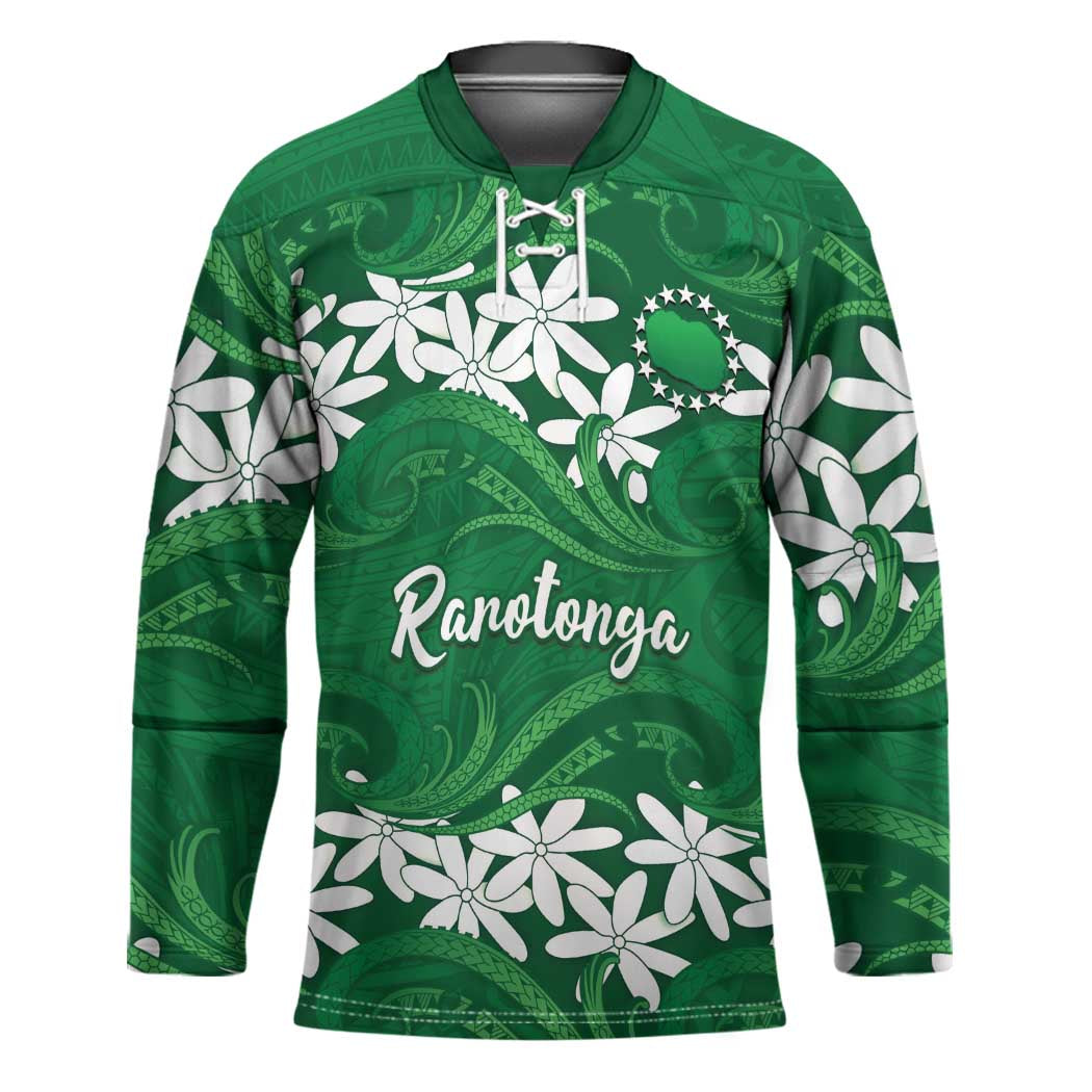 Personalised Cook Islands Rarotonga Hockey Jersey Tiare Maori Polynesian Waves Tattoo LT14 Unisex Green - Polynesian Pride