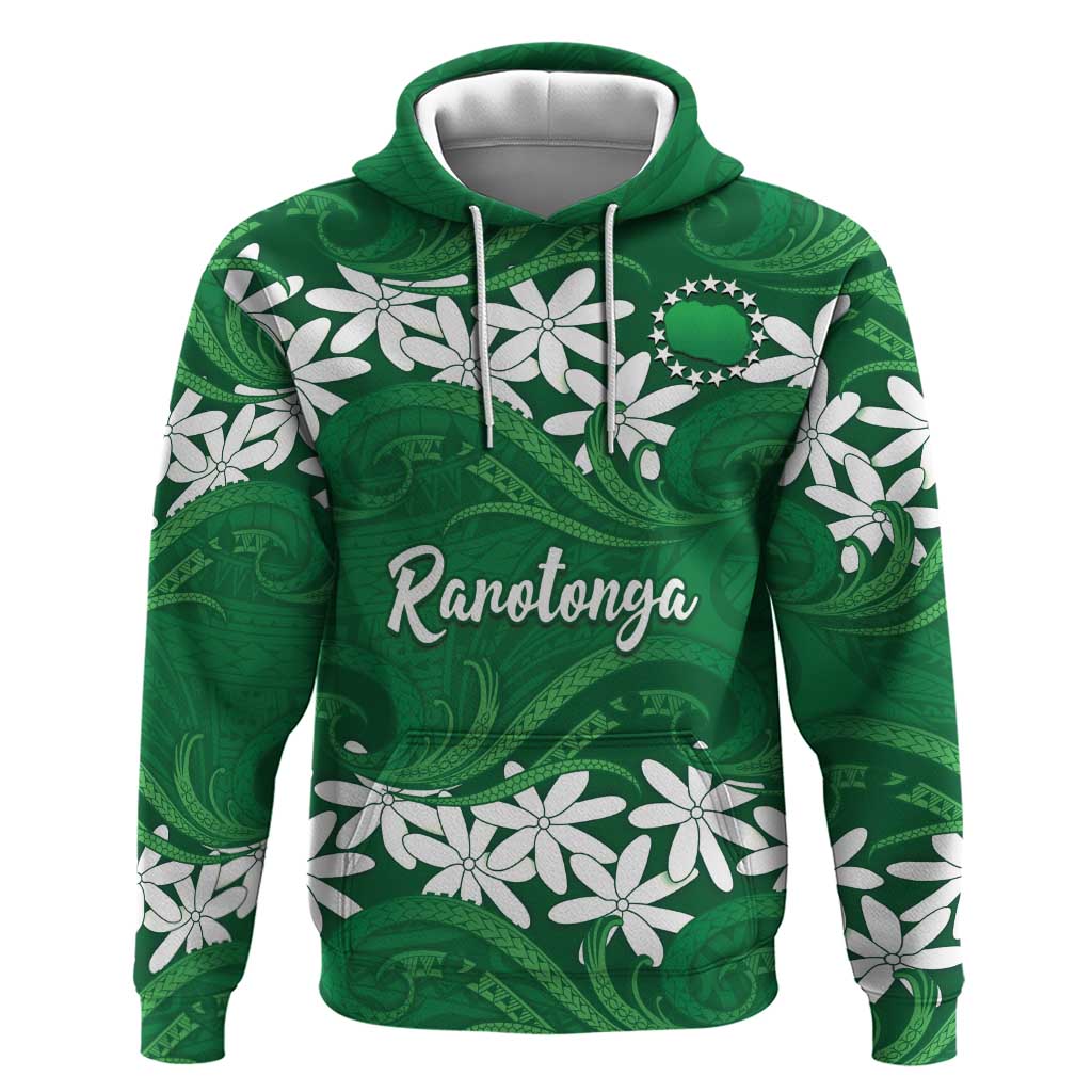 Personalised Cook Islands Rarotonga Hoodie Tiare Maori Polynesian Waves Tattoo LT14 Pullover Hoodie Green - Polynesian Pride