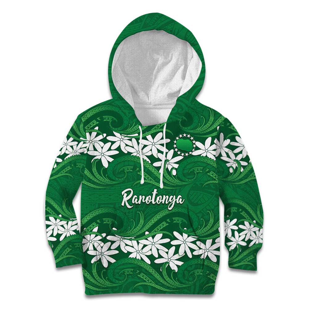 Personalised Cook Islands Rarotonga Kid Hoodie Tiare Maori Polynesian Waves Tattoo LT14 Hoodie Green - Polynesian Pride