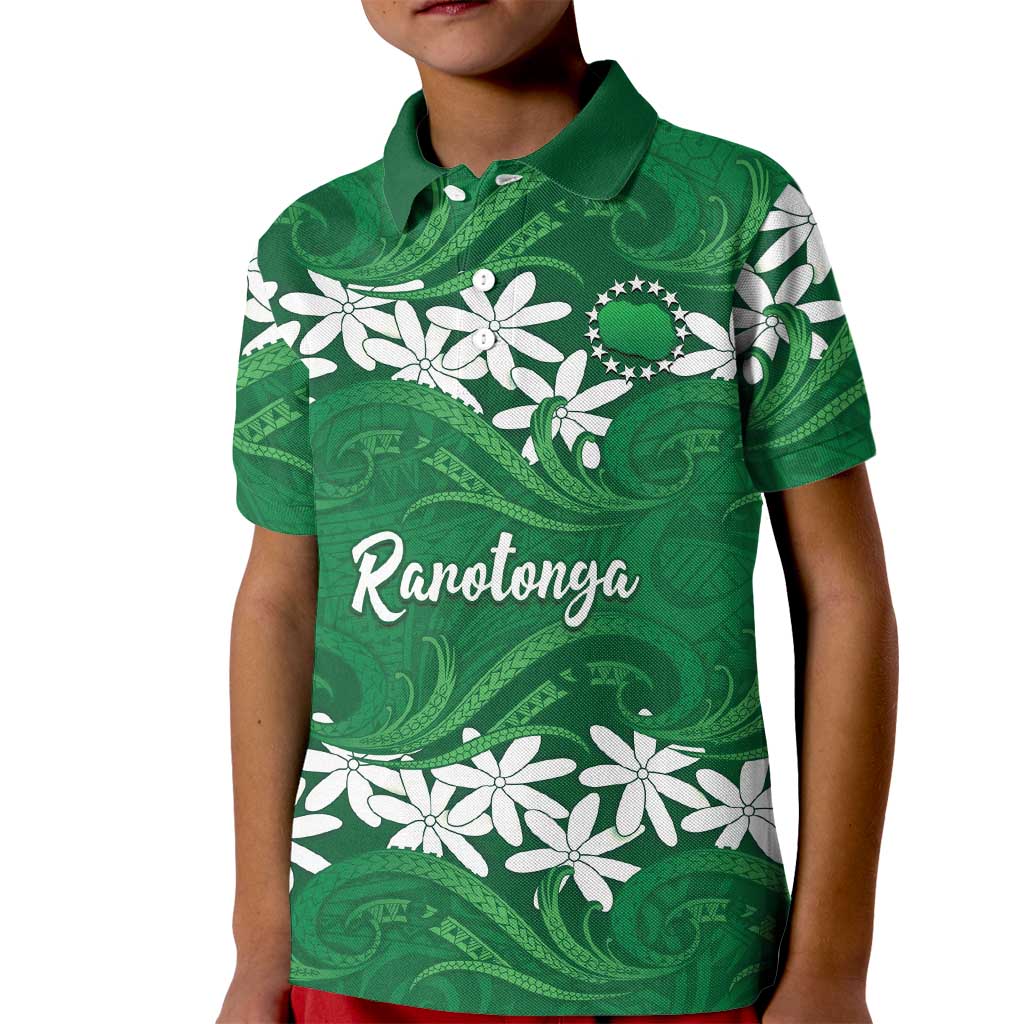 Personalised Cook Islands Rarotonga Kid Polo Shirt Tiare Maori Polynesian Waves Tattoo LT14 Kid Green - Polynesian Pride