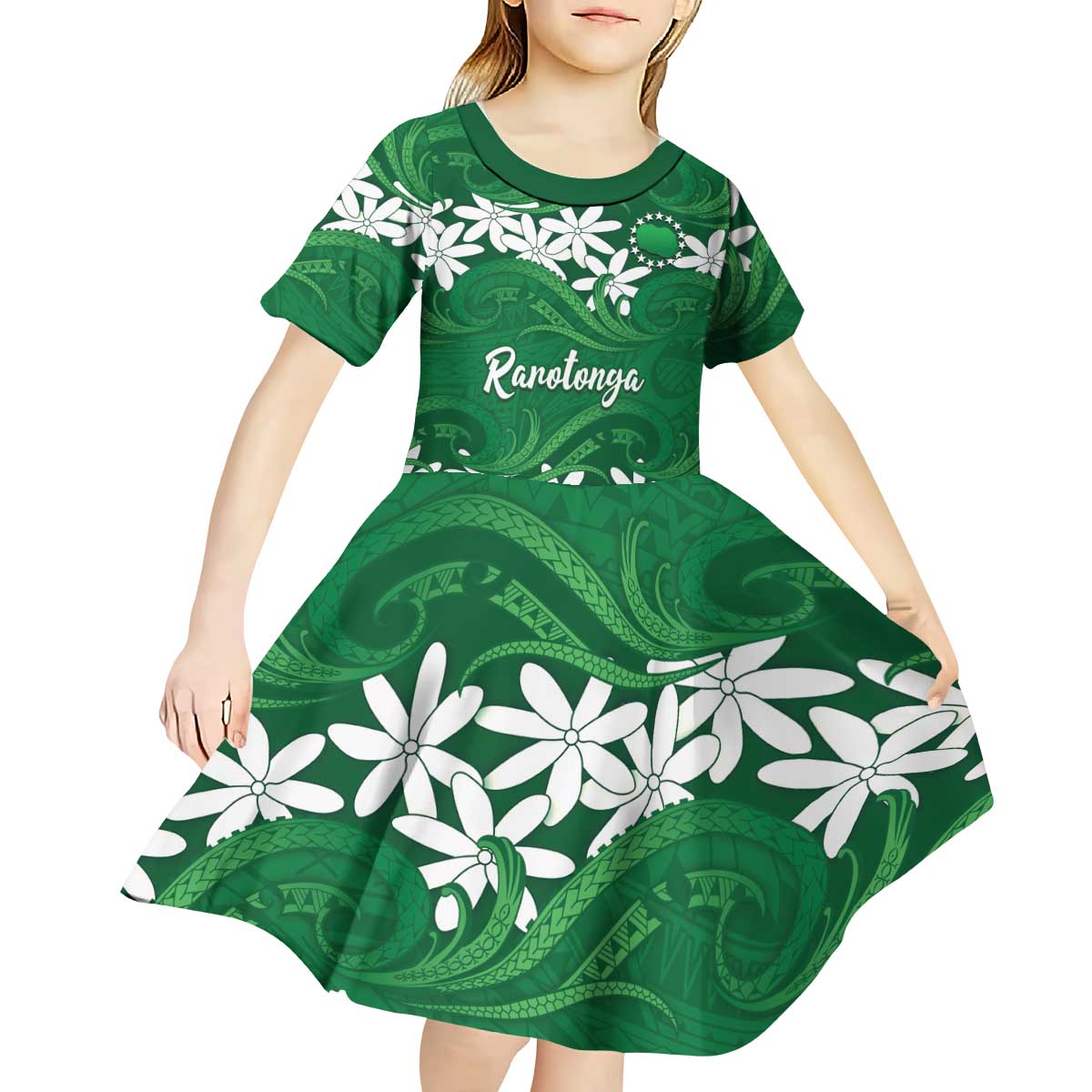 Personalised Cook Islands Rarotonga Kid Short Sleeve Dress Tiare Maori Polynesian Waves Tattoo LT14 - Polynesian Pride