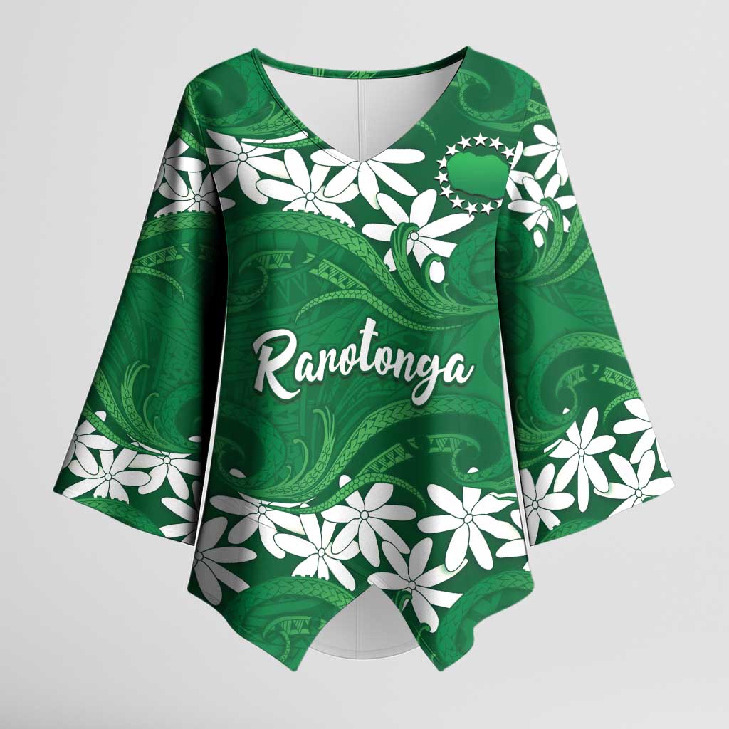 Personalised Cook Islands Rarotonga Kimono Sleeve Blouse Tiare Maori Polynesian Waves Tattoo LT14 Female Green - Polynesian Pride