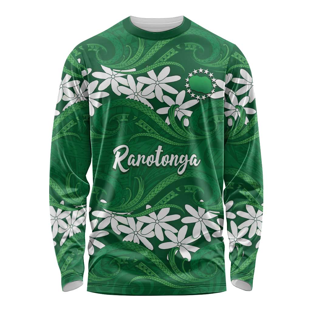 Personalised Cook Islands Rarotonga Long Sleeve Shirt Tiare Maori Polynesian Waves Tattoo LT14 Unisex Green - Polynesian Pride