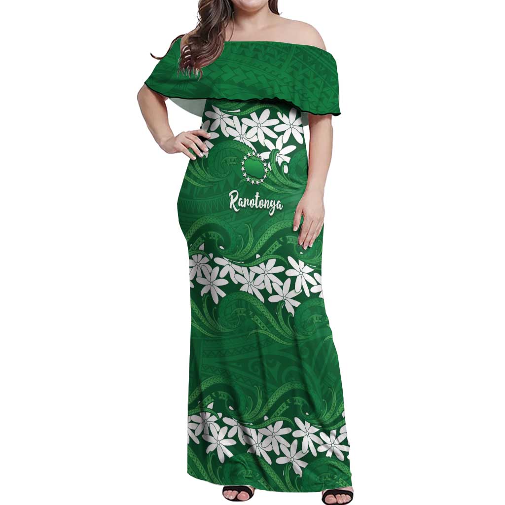 Personalised Cook Islands Rarotonga Off Shoulder Maxi Dress Tiare Maori Polynesian Waves Tattoo LT14 Women Green - Polynesian Pride